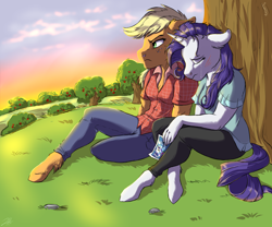 Size: 2400x2000 | Tagged: safe, artist:shimazun, applejack, rarity, spike, anthro, dragon, earth pony, unicorn, angry, clothes, crying, female, mare, photo, scar, tree