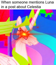 Size: 1060x1238 | Tagged: safe, edit, edited screencap, screencap, princess celestia, alicorn, pony, angry, cropped, episode needed, eyestrain warning, implied princess luna, lens flare, meme, needs more saturation, op has a point, op is a cuck, saturated