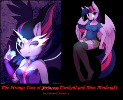 Size: 1502x1216 | Tagged: safe, artist:php41, derpibooru exclusive, derpibooru import, midnight sparkle, sci-twi, twilight sparkle, twilight sparkle (alicorn), alicorn, anthro, plantigrade anthro, equestria girls, cover art, dr jekyll and mr hyde, fimfiction