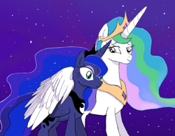 Size: 800x622 | Tagged: safe, artist:yuniuni11, princess celestia, princess luna, alicorn, pony, duo, eyeshadow, female, hug, jewelry, lidded eyes, makeup, mare, night, royal sisters, smiling, tiara, winghug