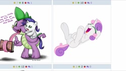 Size: 1136x640 | Tagged: safe, derpibooru import, rarity, spike, sweetie belle, dragon, pony, unicorn, derpibooru, exploitable meme, juxtaposition, juxtaposition win, meme, meta