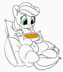 Size: 3746x4281 | Tagged: safe, artist:pabbley, applejack, earth pony, pony, belly button, cute, food, jackabetes, partial color, pillow, solo, soup, tongue out