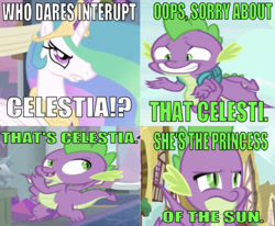 Size: 635x524 | Tagged: safe, edit, edited screencap, editor:undeadponysoldier, screencap, princess celestia, spike, alicorn, dragon, pony, series:spikebob scalepants, angry, caption, comic, female, image macro, male, mare, meme, nervous, nervous grin, parody, patchy the pirate, reference, screencap comic, spike is not amused, spongebob's house party, talking to viewer, text, unamused, winged spike, wrong aspect ratio