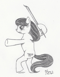 Size: 941x1204 | Tagged: safe, artist:arctic-lux, octavia melody, earth pony, pony, anatomically incorrect, bipedal, bow (instrument), cello bow, incorrect leg anatomy, monochrome, solo, traditional art