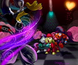 Size: 2000x1666 | Tagged: safe, artist:sakuyamon, apple bloom, discord, scootaloo, sweetie belle, earth pony, pegasus, pony, unicorn, clothes, costume, crossover, cutie mark crusaders, female, filly, hat, heart, kingdom hearts, magic, throne