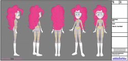 Size: 3879x1881 | Tagged: safe, artist:invisibleink, pinkie pie, equestria girls, boots, clothes, commission, costume, fanfic, fanfic art, gloves, goggles, mask, model sheets, production art, shoes, smiling, solo, superhero, turnaround