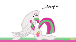 Size: 2000x1115 | Tagged: safe, artist:laserbiskit, blossomforth, blushing, chest fluff, contortionist, dialogue, flexible, scrunchy face, simple background, solo, stretching, that pony sure is flexible, white background
