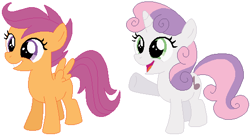 Size: 525x285 | Tagged: safe, artist:featherfury, scootaloo, sweetie belle, alternate universe, base used, simple background, white background