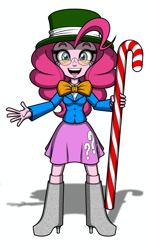 Size: 572x967 | Tagged: safe, artist:pedantczepialski, part of a set, pinkie pie, equestria girls, alternate universe, candy, candy cane, clothes, doll, eqg:tps minis, equestria girls minis, equestria girls: the parody series, hat, looking at you, simple background, smiling, solo, top hat, toy, white background