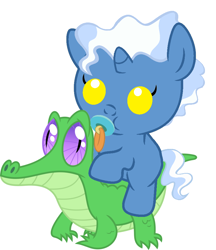 Size: 836x967 | Tagged: safe, artist:red4567, gummy, pokey pierce, pony, :t, baby, baby pony, cute, diapokeys, pacifier, ponies riding gators, recolor, riding, simple background, solo, weapons-grade cute, white background