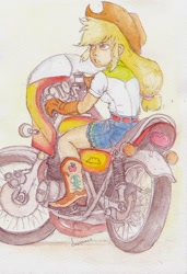 Size: 671x983 | Tagged: safe, artist:daisymane, applejack, equestria girls, belt, boots, clothes, cowboy boots, cowboy hat, denim skirt, gloves, hat, motorcycle, shirt, shoes, simple background, skirt, solo, stetson, traditional art, watercolor painting