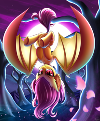 Size: 1024x1237 | Tagged: safe, artist:kaleido-art, fluttershy, bat pony, female, flutterbat, looking at you, race swap, scenery, solo, upside down