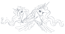 Size: 1900x1000 | Tagged: artist needed, source needed, safe, princess celestia, princess luna, alicorn, bat pony, bat pony alicorn, pony, bat wings, black and white, duo, female, grayscale, mare, monochrome, royal sisters, siblings, sisters, sketch, slit eyes, wings