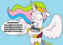 Size: 1033x741 | Tagged: safe, artist:logan jones, princess celestia, alicorn, pony, cash register, foaming at the mouth, greedy, implied parasprite, overprotective, sandy spongebob and the worm, scared, shrunken pupils, spongebob squarepants, sugar cube cash register, toy, wide eyes