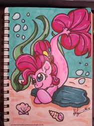 Size: 1024x1365 | Tagged: safe, artist:yoshimarsart, pinkie pie, pony, seapony (g4), female, fins, mare, seaponified, seapony pinkie pie, smiling, solo, species swap, tail, traditional art