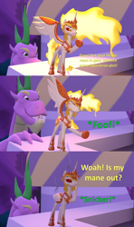 Size: 1920x3240 | Tagged: safe, artist:red4567, daybreaker, princess celestia, spike, alicorn, dragon, pony, 3 panel comic, 3d, blowing, comic, disney, hades, hercules, laughing, mane of fire, movie reference, prank, source filmmaker, spikezilla