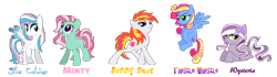 Size: 6431x1800 | Tagged: safe, artist:pinkanon, minty, star catcher, sunny daze (g3), thistle whistle, wysteria, earth pony, pegasus, pony, g3, female, g3 to g4, generation leap, mare