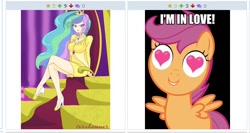 Size: 526x279 | Tagged: safe, princess celestia, scootaloo, human, derpibooru, exploitable meme, heart eyes, humanized, juxtaposition, juxtaposition win, meme, meta, that was fast