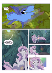 Size: 6197x8760 | Tagged: safe, artist:jeremy3, artist:lummh, princess celestia, princess luna, alicorn, pony, comic:celestia's destiny, absurd resolution, both cutie marks, comic, everfree forest, female, filly, ouch, overhead view, past, pink-mane celestia, s1 luna, tree, young celestia, young luna