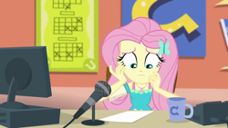 Size: 1280x720 | Tagged: safe, screencap, fluttershy, better together, equestria girls, fluttershy's butterflies, fluttershy's butterflies: rainbow dash, announcer, coffee mug, computer, cute, cyoa, female, football, geode of fauna, magical geodes, microphone, microphone stand, mug, nervous, shyabetes, solo, sports
