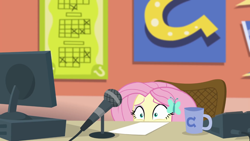 Size: 1280x720 | Tagged: safe, screencap, fluttershy, better together, equestria girls, fluttershy's butterflies, fluttershy's butterflies: rainbow dash, announcer, computer, cyoa, embarrassed, female, football, microphone, microphone stand, mug, solo, sports