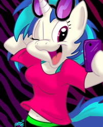 Size: 692x855 | Tagged: safe, artist:tdotbabs, dj pon-3, vinyl scratch, anthro, belly button, clothes, solo