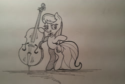 Size: 4420x2988 | Tagged: safe, artist:mang, octavia melody, earth pony, pony, backwards cutie mark, bipedal, cello, grayscale, monochrome, musical instrument, simple background, solo