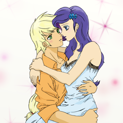 Size: 1000x1000 | Tagged: safe, artist:eulicious, applejack, rarity, human, blushing, clothes, dress, embrace, female, fingernails, hug, humanized, lesbian, looking at each other, nail polish, passionate, rarijack, shipping, simple background, sitting on lap, sparkles