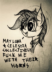 Size: 1024x1407 | Tagged: safe, artist:thesubtle, oc, oc only, oc:littlepip, pony, unicorn, fallout equestria, black and white, bust, clothes, fanfic, fanfic art, female, fuck, fuck me, grayscale, mare, monochrome, open mouth, portrait, silly, simple background, solo, swearing, talking, traditional art, vault suit, vulgar, white background
