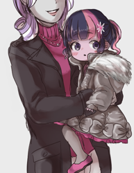 Size: 426x551 | Tagged: safe, artist:weiliy, derpibooru import, twilight sparkle, twilight velvet, equestria girls, :o, blushing, carrying, clothes, cute, equestria girls-ified, female, grin, holding, jacket, mother and child, mother and daughter, parent and child, pony coloring, simple background, smiling, toddler, twiabetes, white background, younger