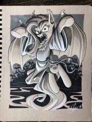 Size: 1536x2048 | Tagged: safe, artist:andypriceart, fluttershy, bat pony, pony, female, flutterbat, grayscale, mare, monochrome, race swap, solo, traditional art