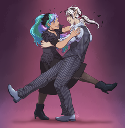 Size: 1212x1242 | Tagged: safe, artist:hazurasinner, discord, princess celestia, human, abstract background, clothes, commission, cosplay, costume, dancing, dislestia, dress, elf ears, female, hadestown, humanized, looking at each other, male, shipping, straight, watermark