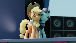 Size: 3840x2160 | Tagged: safe, alternate version, artist:therealdjthed, applejack, coloratura, earth pony, pony, the mane attraction, 3d, 3d model, apple stage, blender, cute, cycles, cycles render, duo, female, hug, mare, model:djthed, rara