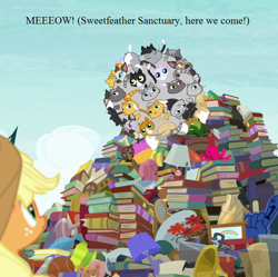 Size: 722x720 | Tagged: safe, edit, edited screencap, screencap, applejack, cat, earth pony, pony, the perfect pear, avalanche, book, cat ball, cropped, sweet feather sanctuary, text