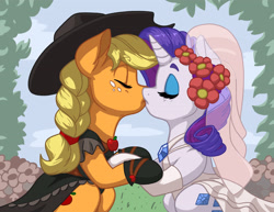 Size: 3300x2550 | Tagged: safe, artist:latecustomer, applejack, rarity, earth pony, pony, unicorn, alternate hairstyle, clothes, cowboy hat, cute, dress, eyes closed, female, hat, jackabetes, kissing, lesbian, mare, marriage, raribetes, rarijack, shipping, stetson, wedding, wedding dress