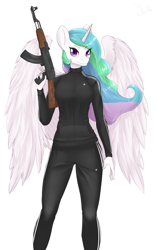 Size: 3141x5000 | Tagged: safe, artist:shadikbitardik, princess celestia, anthro, adidas, ak, ak-47, assault rifle, cheeki breeki, commission, gun, rifle, solo, weapon