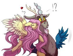 Size: 3080x2369 | Tagged: safe, artist:marbola, discord, fluttershy, draconequus, pegasus, pony, blushing, chest fluff, cute, discoshy, discute, exclamation point, female, hug, interrobang, male, mare, question mark, shipping, shyabetes, straight