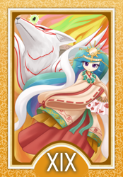 Size: 1200x1728 | Tagged: safe, artist:howxu, princess celestia, human, amaterasu, clothes, commission, crown, female, humanized, issun, japanese, jewelry, kimono (clothing), looking at you, necklace, okami, regalia, roman numerals, solo, tarot card