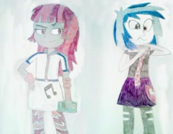 Size: 1015x787 | Tagged: safe, artist:hakdurbin, dj pon-3, mystery mint, vinyl scratch, equestria girls, background human, traditional art