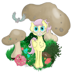 Size: 1024x1024 | Tagged: safe, artist:bob-finnski, fluttershy, pegasus, pony, breath, curious, mask, mushroom, mushrooms, poison, scared, simple background, solo, spore, spores, strange, surgical mask, transparent background, wood