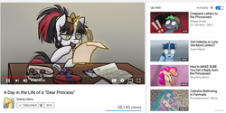 Size: 1251x624 | Tagged: safe, artist:pandan009, princess celestia, oc, alicorn, llama, pony, unicorn, chocolate, eating, fake screencap, fan mail, food, glasses, letter, paper crown, quill, writing, youtube