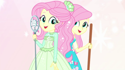 Size: 1280x720 | Tagged: safe, screencap, fluttershy, better together, equestria girls, so much more to me, broom, happy, microphone, singing, smiling