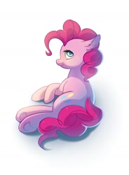 Size: 1200x1629 | Tagged: safe, artist:ghst-qn, pinkie pie, earth pony, pony, female, looking at you, looking back, looking back at you, lying, mare, simple background, smiling, solo, white background