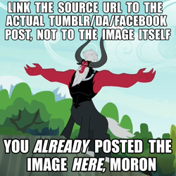 Size: 871x872 | Tagged: safe, lord tirek, centaur, twilight's kingdom, exploitable meme, horns, image macro, irony, lord tirek's outstretched arms, male, meme, meta, nose ring, open mouth, solo, text, tree