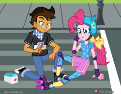 Size: 4000x3090 | Tagged: safe, artist:dieart77, pinkie pie, oc, oc:copper plume, equestria girls, friendship games, bandaid, bleeding, blood, canon x oc, clothes, commissioner:imperfectxiii, converse, copperpie, crying, elbow pads, fingerless gloves, first aid kit, freckles, glasses, gloves, helmet, knee pads, neckerchief, pants, roller skates, shirt, shoes, sidewalk, sneakers, street, torn clothes
