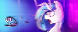 Size: 4096x1714 | Tagged: dead source, safe, artist:spaghettidolphin, dj pon-3, vinyl scratch, pony, unicorn, broken glasses, open mouth