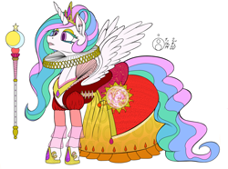 Size: 2000x1491 | Tagged: safe, artist:sepiakeys, princess celestia, alicorn, pony, clothes, colored, dress, elizabethan, eyeshadow, female, hoof shoes, jewelry, makeup, mare, regalia, ruff (clothing), scepter, simple background, solo, white background