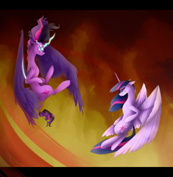 Size: 3470x3540 | Tagged: safe, artist:kyuuno-chan, derpibooru import, midnight sparkle, twilight sparkle, twilight sparkle (alicorn), alicorn, pony, flying, gritted teeth, ponified, self ponidox