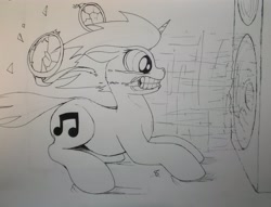 Size: 4104x3130 | Tagged: safe, artist:scribblepwn3, dj pon-3, vinyl scratch, pony, unicorn, bass cannon, drool, monochrome, pen drawing, solo, subwoofer, traditional art