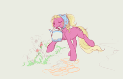 Size: 1037x671 | Tagged: safe, artist:noel, lily, lily valley, earth pony, pony, clothes, eyes closed, female, flower, mare, mouth hold, scarf, solo, watering can